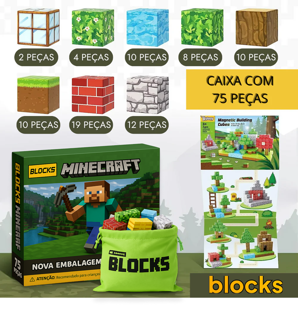 Blocks Dia das Crianças Minecraft - 48/64/75 peças (+5 Bonecos BRINDE Hoje)